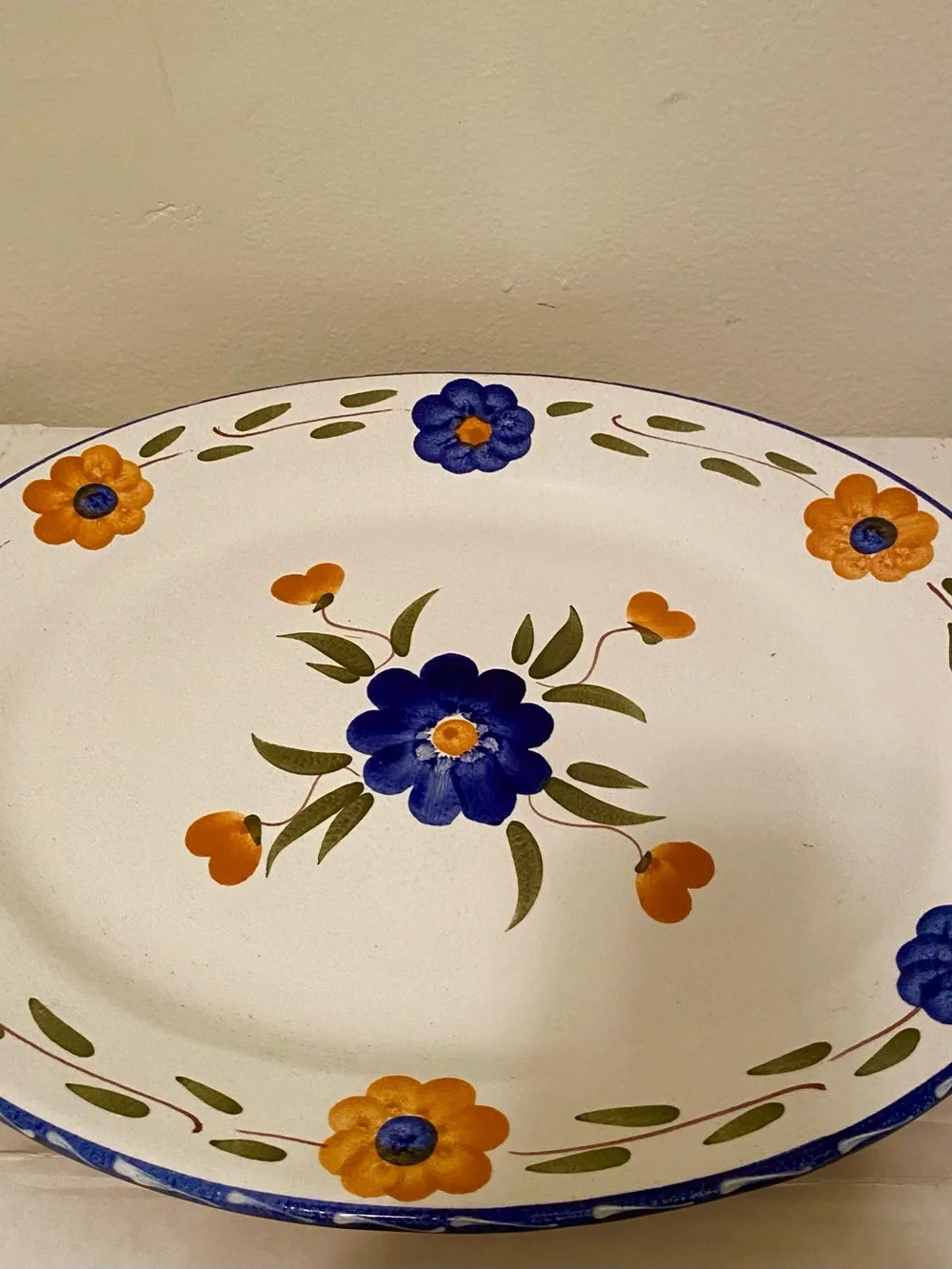 Vintage Furio Made in Italy Ceramic Floral Large 16”x13” Platter, White & Blue.